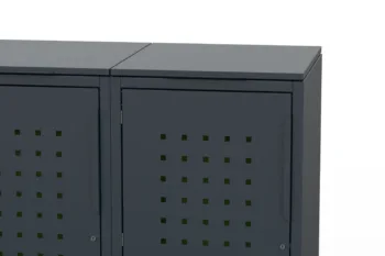 Kovinski smetarnik za štiri 240-litrske zabojnike s klasičnim pokrovom in vrati z vzorcem kvadratkov