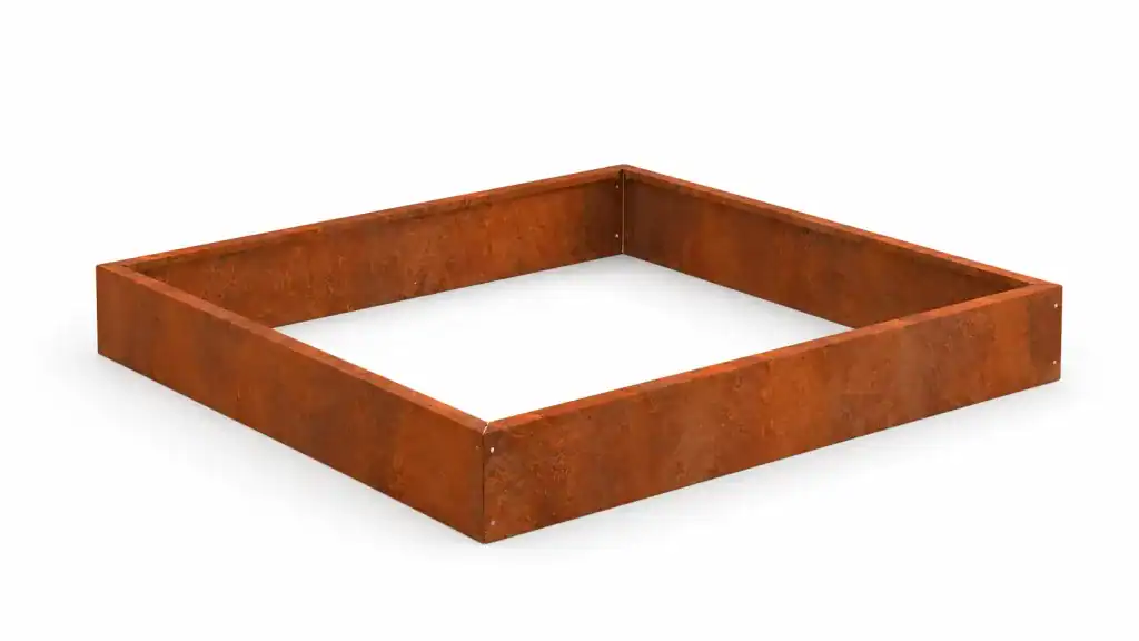 Kvadratni okvir od Corten čelika sastavljen od modularnih rubnika visine 15 cm.