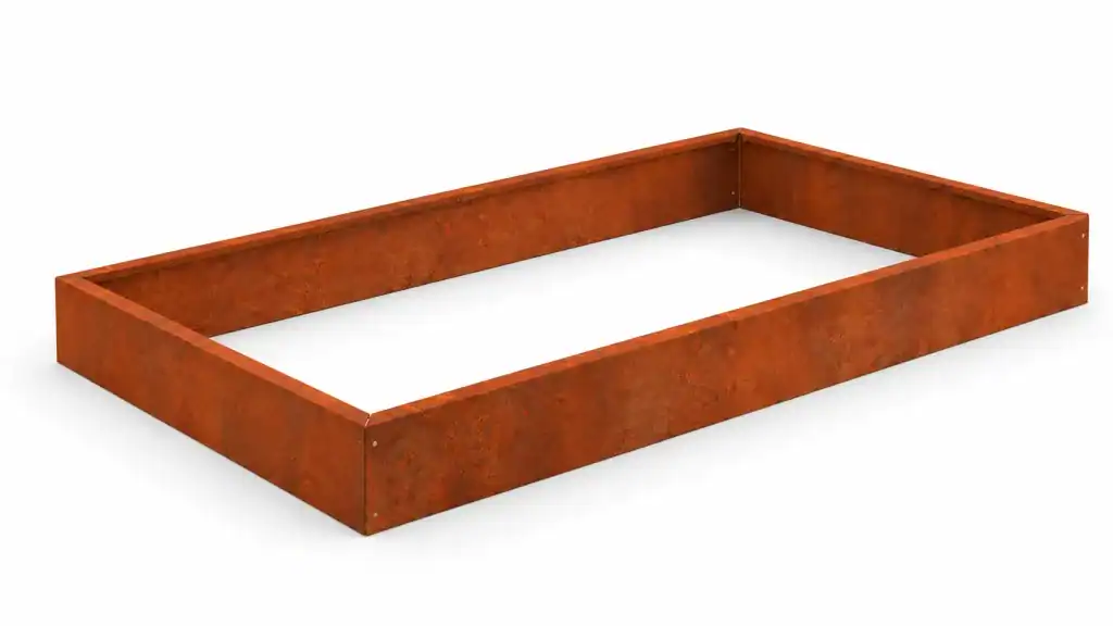 Povišena gredica dimenzija 100 × 150 × 15 cm izrađena od Corten čelika debljine 1,5 mm.