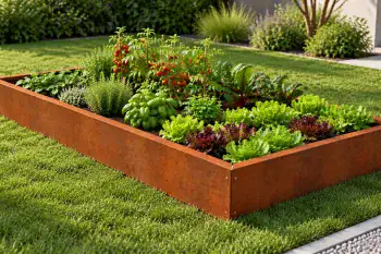 Corten dvignjena greda 100×150×15 cm, zasajena z zelenjavo na vrtu
