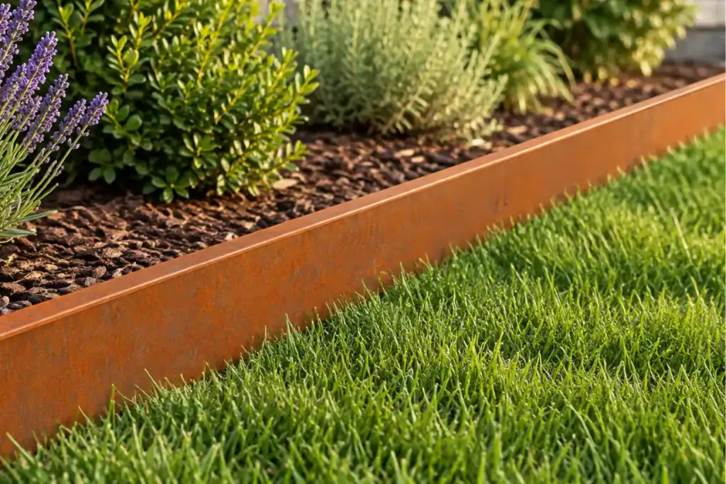 Povišena gredica od modularnih rubnika Corten čelika visine 15 cm u povrtnjaku.